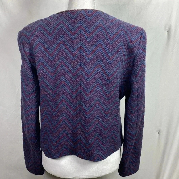 Sandro Paris Blue with Red Zig Zag Design Bolero Style Coat Jacket Blazer Size 8 - Picture 5 of 15